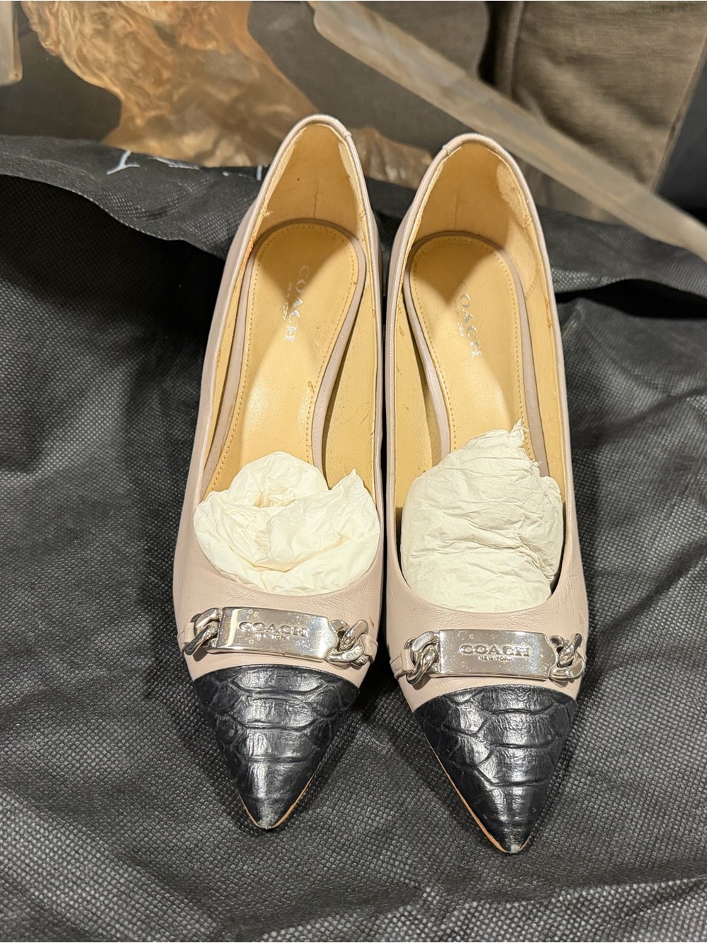 Coach Two-Tone Leather heels in beige and Black with Silver Accent